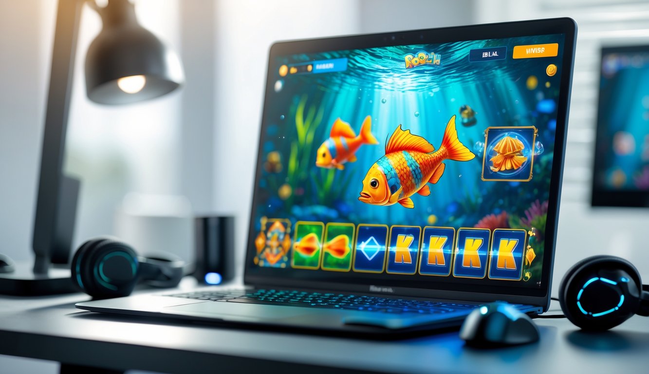 Seorang pemain sedang menggunakan komputer dengan permainan slot tembak ikan yang berwarna-warni di layar dalam suasana ruang kerja yang rapi.