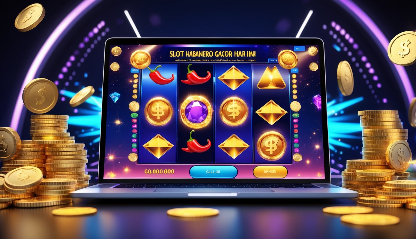 Sebuah layar komputer menampilkan permainan slot online dengan simbol cabai, koin emas, dan permata, dikelilingi tumpukan koin dan chip kasino yang menunjukkan suasana kemenangan.