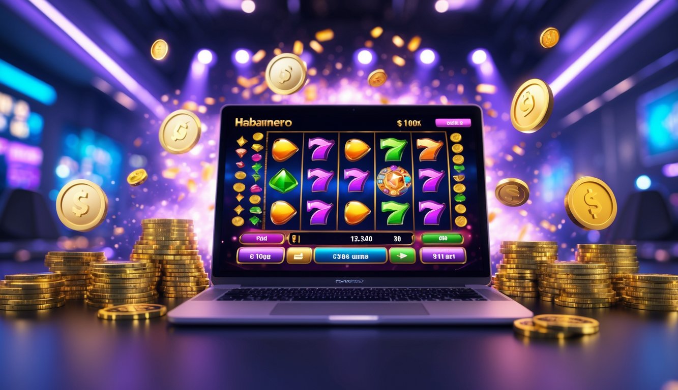 Seorang pemain sedang menikmati permainan slot online Habanero yang penuh warna di layar komputer dengan koin emas dan simbol bonus di sekitarnya.
