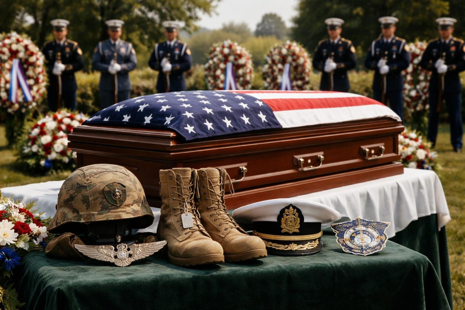 A military funeral scene with a folded American flag on a casket surrounded by military service symbols and uniformed personnel standing at attention.