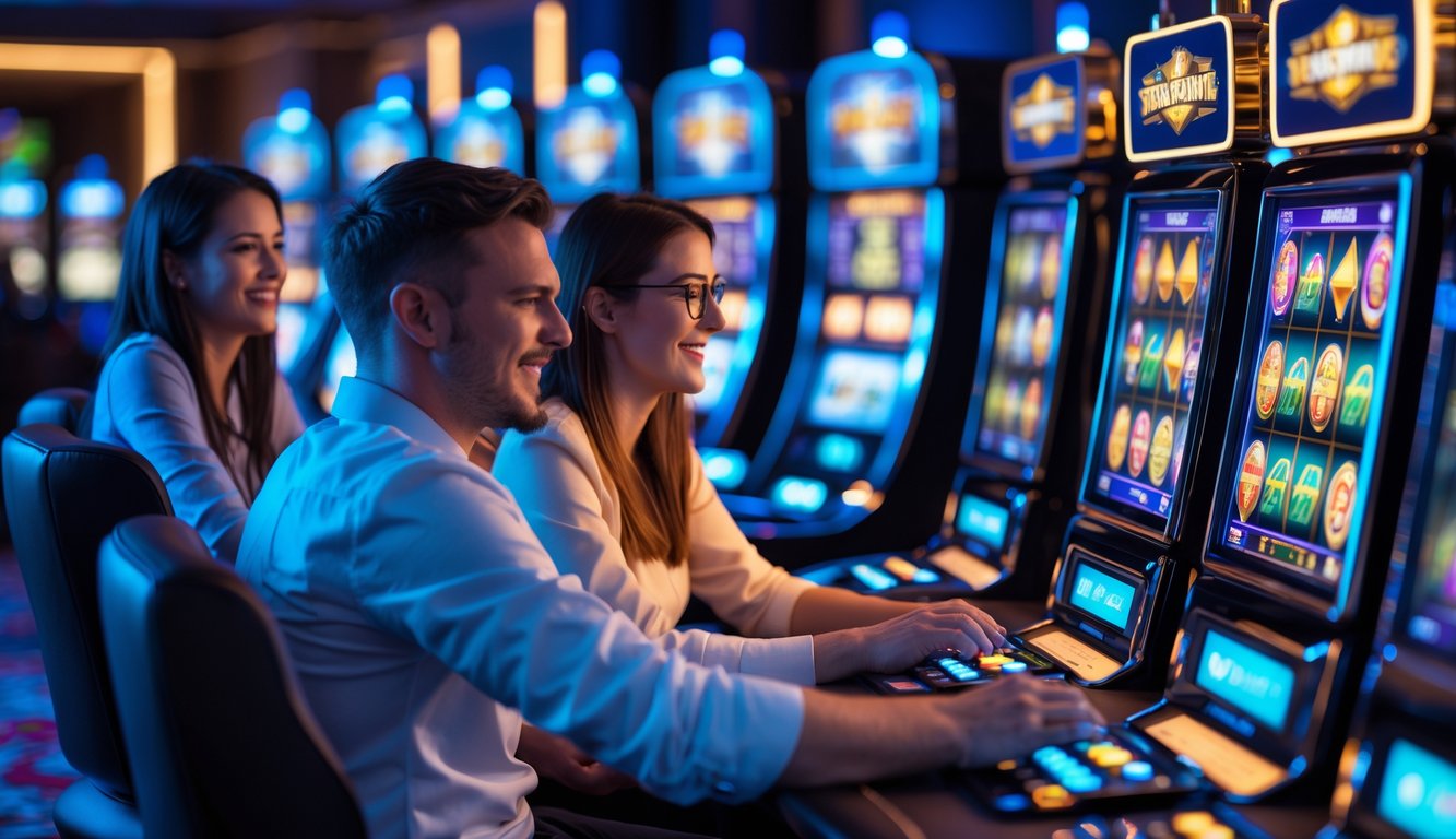 Beberapa pemain yang antusias sedang bermain mesin slot online di lingkungan gaming modern dengan pencahayaan hangat dan suasana yang dinamis.