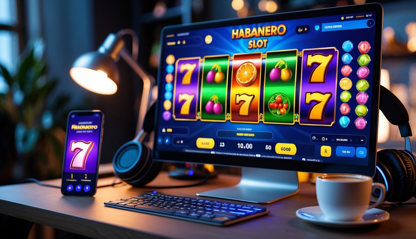Seseorang sedang bermain slot online di komputer dengan layar menampilkan permainan slot warna-warni, di meja terdapat headphone, ponsel, dan secangkir kopi.
