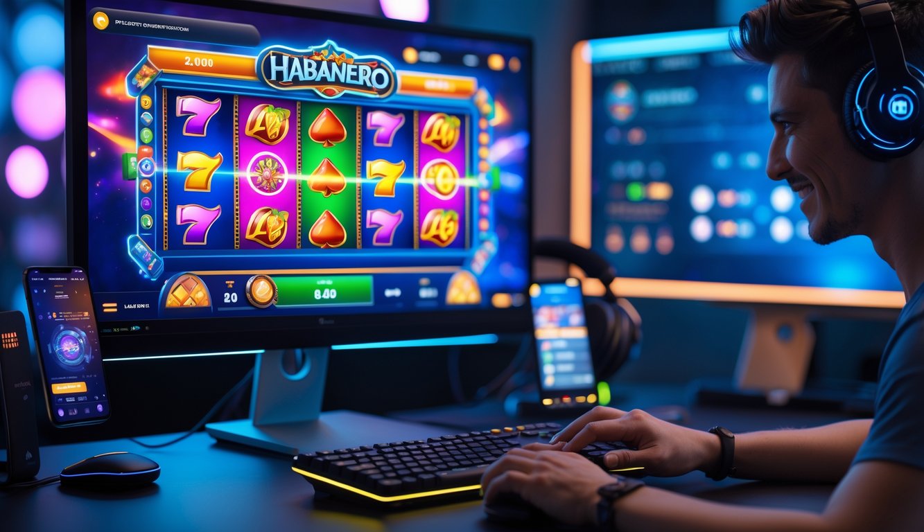 Seorang pemain sedang fokus bermain game slot online di depan komputer dengan layar menampilkan permainan slot warna-warni.
