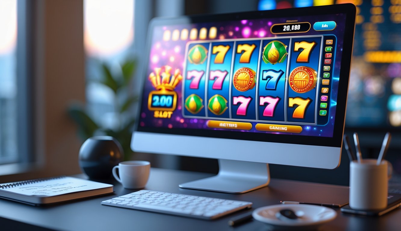 Seorang pemain sedang menggunakan komputer dengan permainan slot online terbuka di layar, di meja terdapat buku catatan dan kopi.