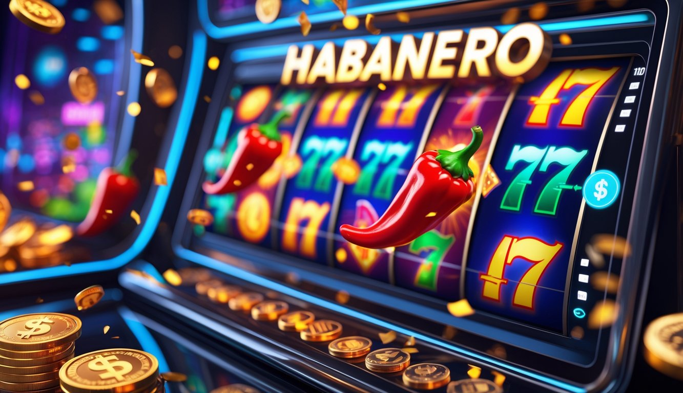 Tampilan layar permainan slot online dengan simbol cabai habanero, angka jackpot besar, dan latar belakang koin digital.