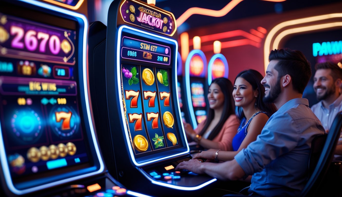 Orang-orang sedang bermain mesin slot online dengan antusias di latar belakang berwarna merah dan emas yang futuristik.