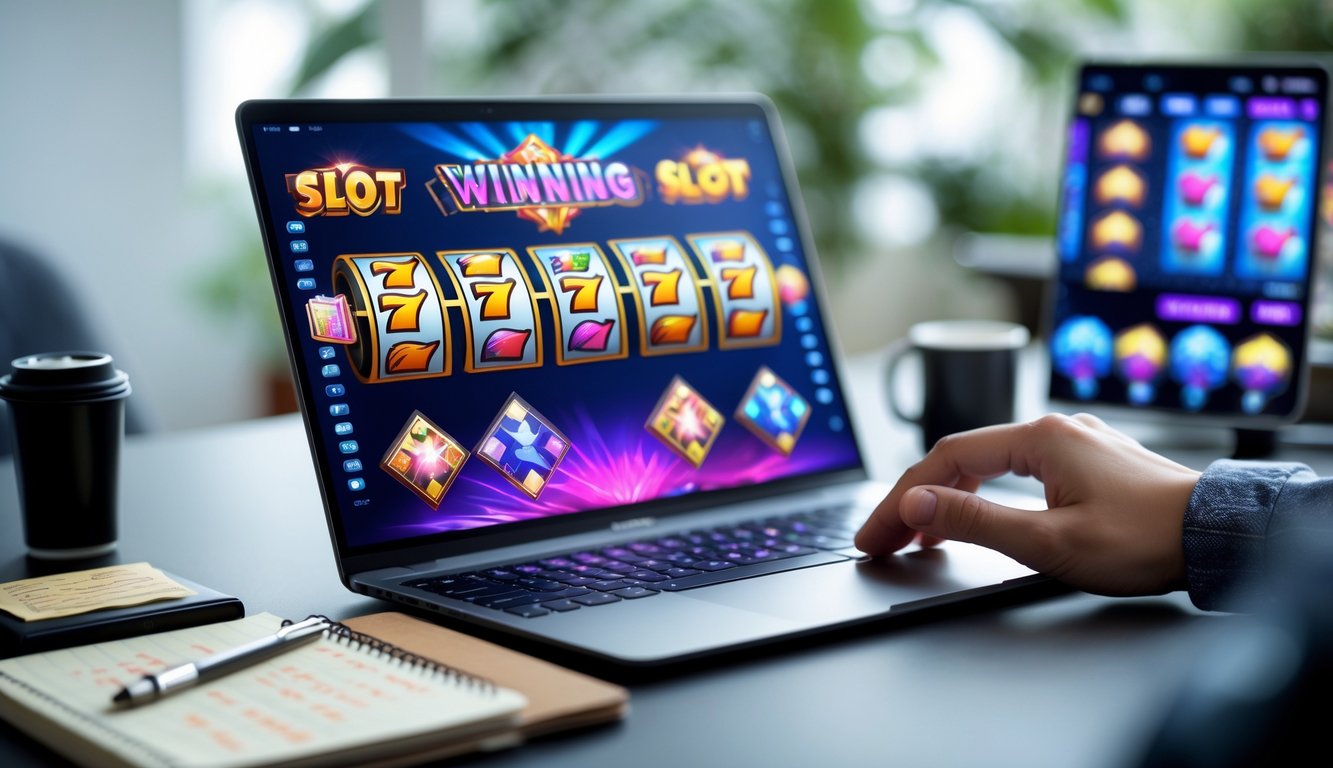 Meja kerja dengan laptop menampilkan permainan slot online yang sedang berjalan dan beberapa alat tulis serta ponsel di sekitarnya.