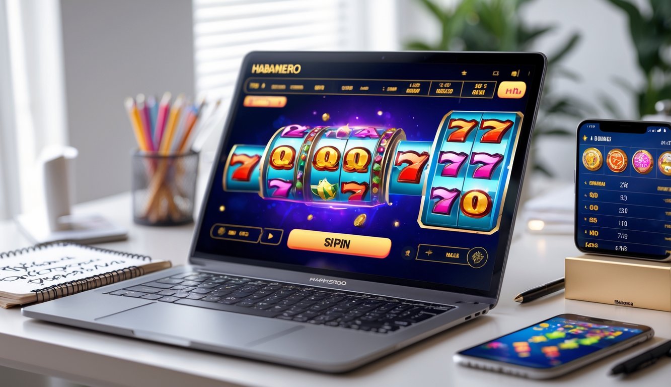 Seorang pemain sedang menggunakan komputer dengan tampilan permainan slot online yang berwarna-warni di layar, dikelilingi oleh catatan dan ponsel di meja kerja.