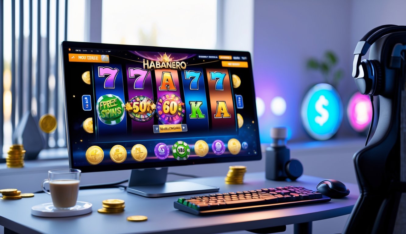Seseorang sedang bermain game slot online di komputer dengan tampilan layar penuh warna dan simbol slot yang menarik.