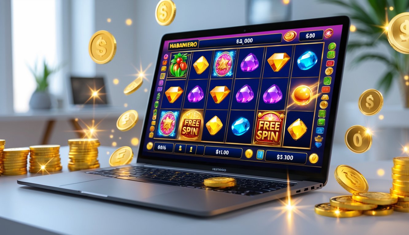 Seseorang bermain permainan slot online Habanero di komputer dengan koin dan simbol kemenangan di sekitar layar.