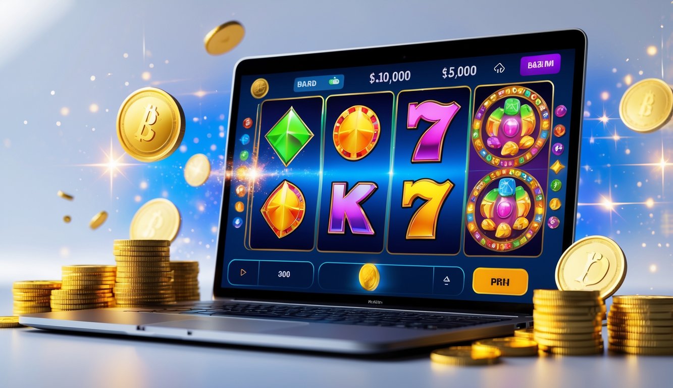 Layar komputer menampilkan permainan slot online dengan koin emas dan simbol keberuntungan di sekitarnya.