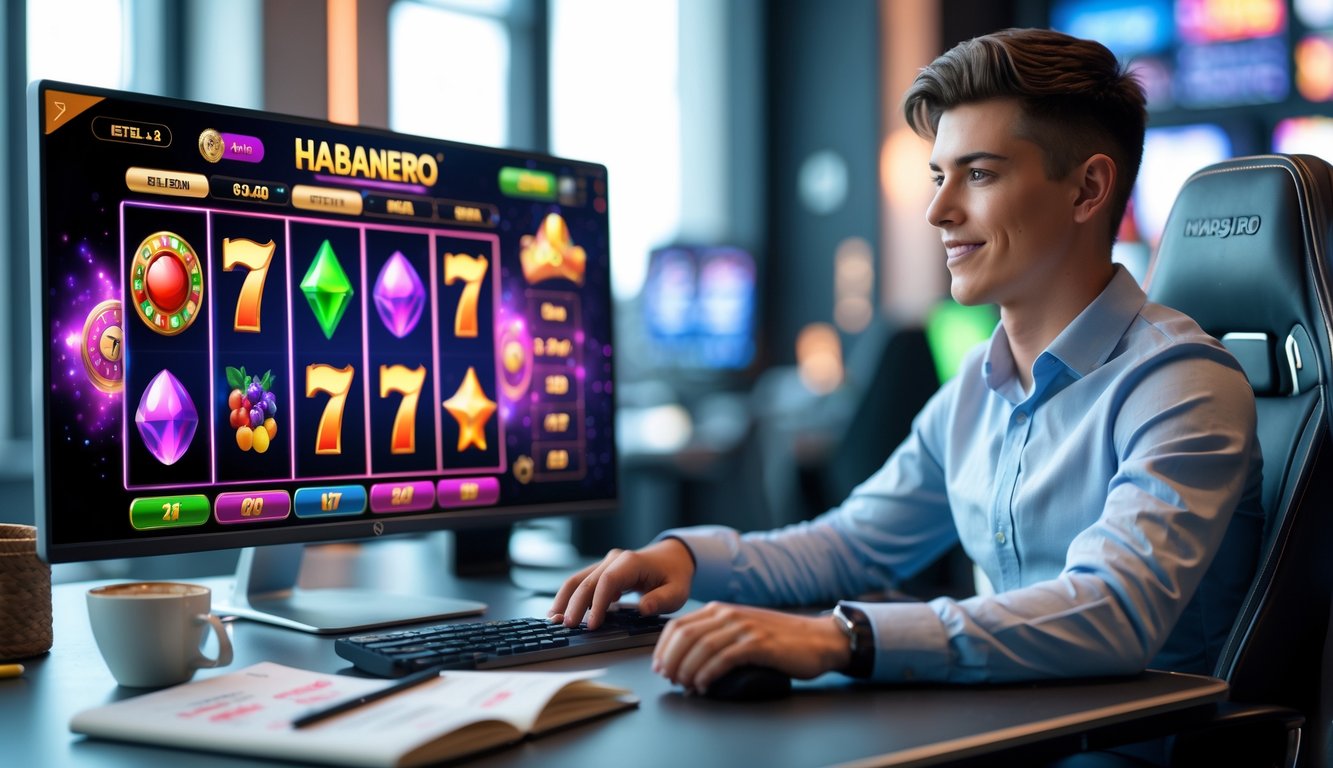 Seorang pemain muda duduk di depan komputer dengan layar menampilkan permainan slot online berwarna-warni, terlihat fokus dan santai di ruang kerja yang rapi.