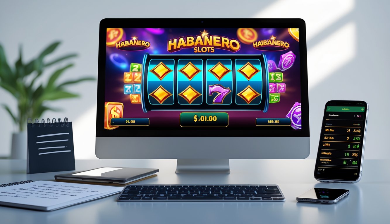 Seorang pemain sedang menggunakan komputer dengan tampilan permainan slot Habanero online dan catatan strategi di meja.