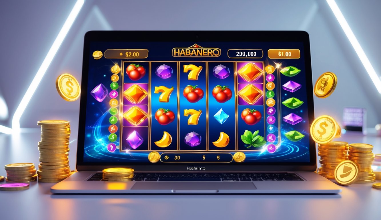 Sebuah layar komputer menampilkan permainan slot online dengan simbol berwarna-warni dan ikon bonus, dikelilingi oleh koin dan efek cahaya.