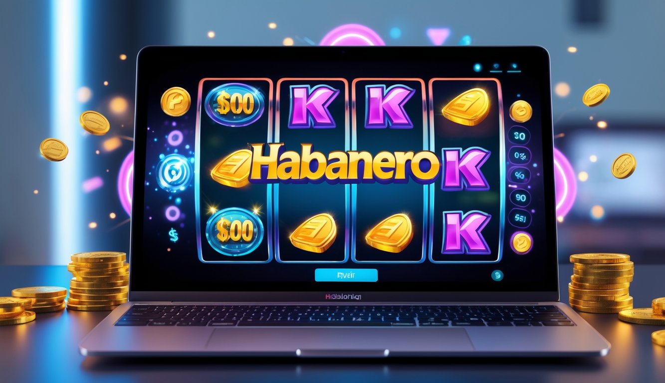 Seorang pemain sedang menggunakan komputer dengan tampilan permainan slot online yang berwarna-warni dan simbol-simbol yang berputar.