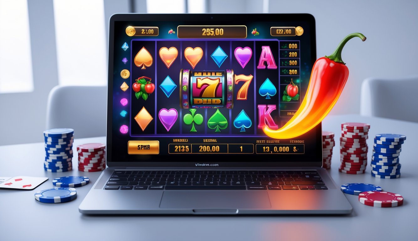 Setup permainan slot online dengan komputer menampilkan grafik permainan dan simbol cabai habanero di layar.
