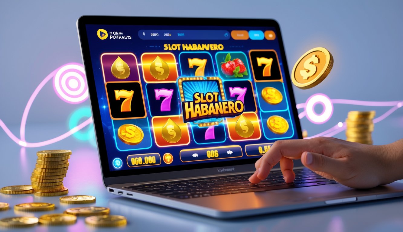 Seorang pemain sedang bermain mesin slot online dengan layar komputer yang menampilkan grafik permainan slot berwarna cerah dan simbol keberuntungan.