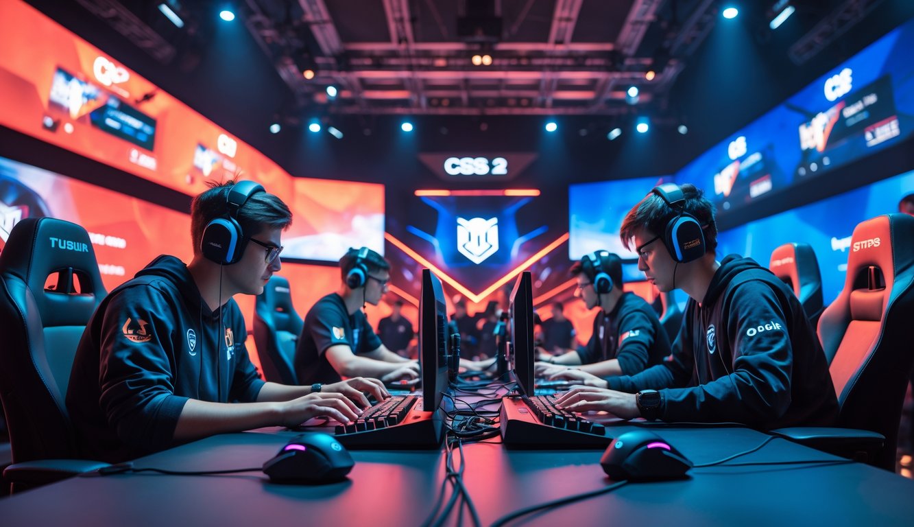 Suasana pertandingan esports CS2 dengan dua tim profesional bermain di panggung, layar besar menampilkan skor, dan penonton yang antusias di latar belakang.