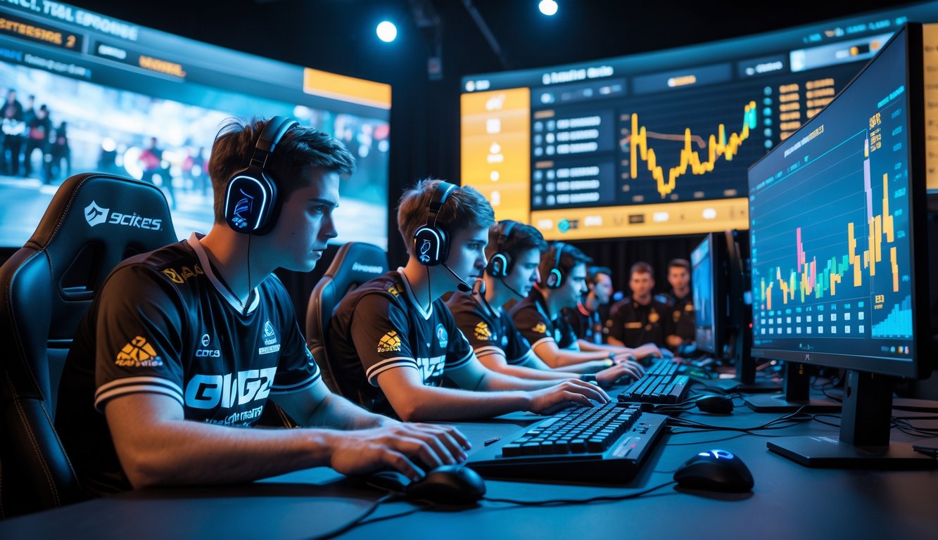 Sejumlah pemain esports fokus bermain game CS2 dengan layar besar menampilkan analisis skor dan peluang tim profesional di latar belakang.
