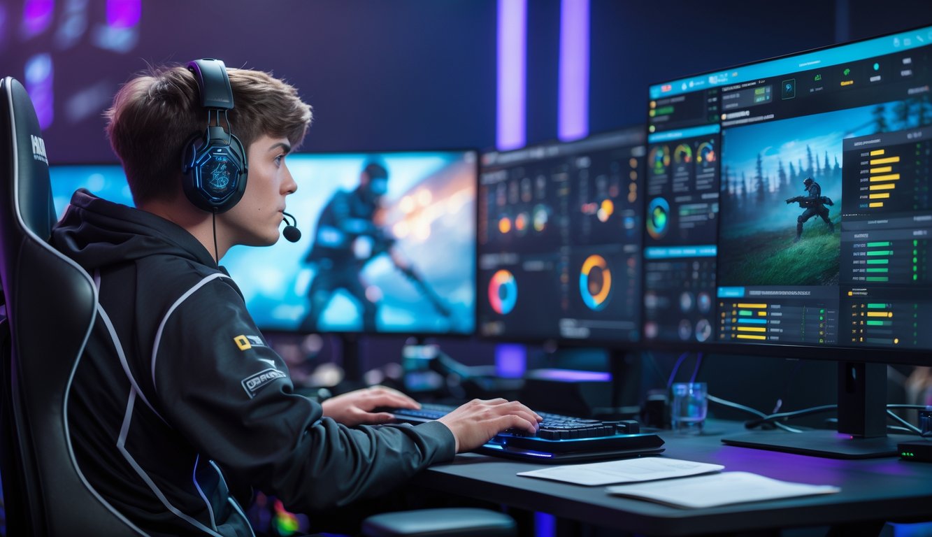 Seorang pemain esports fokus bermain di depan komputer dengan headset, dikelilingi oleh catatan strategi dan grafik analisis pertandingan.