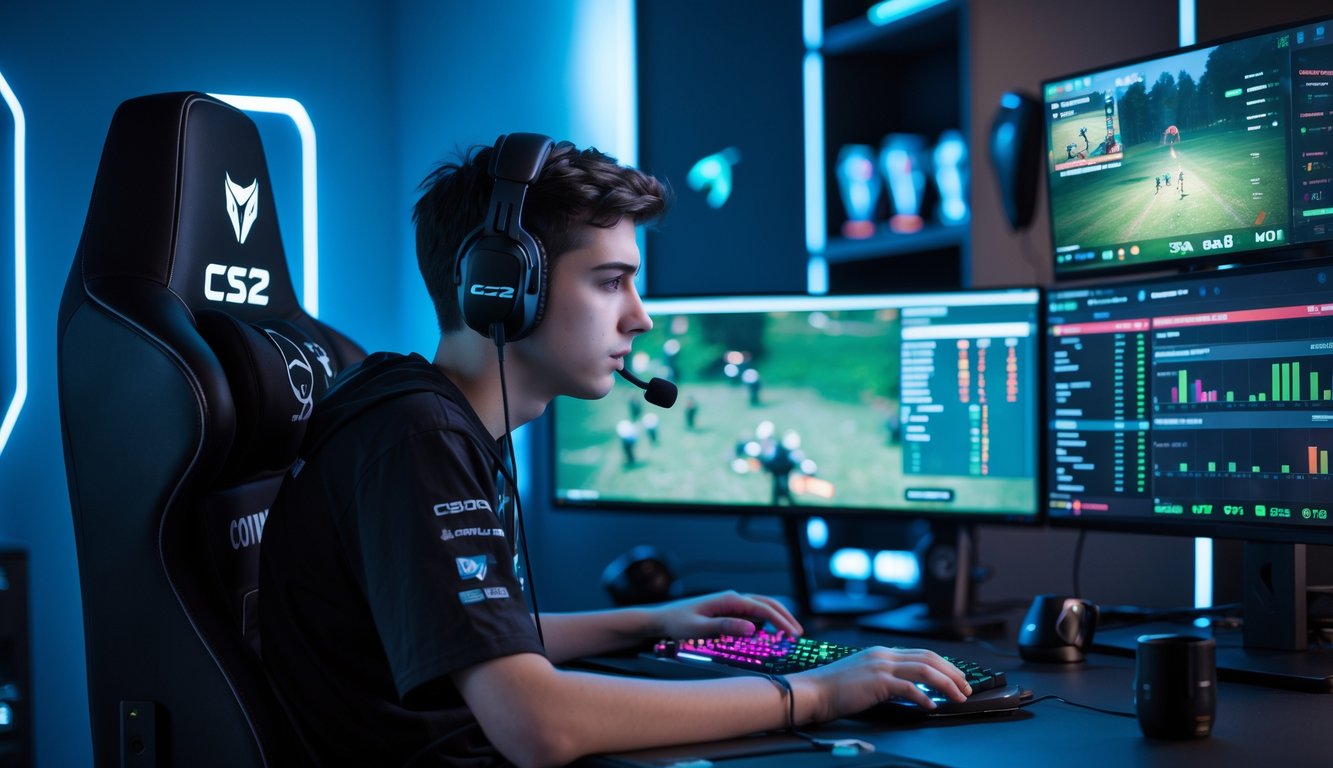 Seorang gamer muda fokus duduk di depan komputer dengan beberapa layar menampilkan pertandingan CS2 dan grafik analisis strategi.