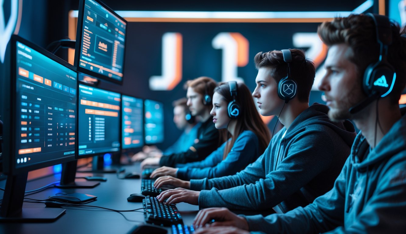 Sejumlah orang muda sedang menggunakan komputer dengan layar menampilkan data taruhan esports CS2 secara langsung dan sebelum pertandingan.