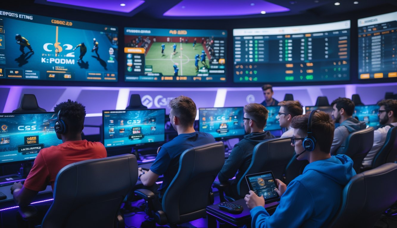 Sekelompok orang muda sedang menonton pertandingan esports CS2 dengan layar besar dan melihat data taruhan di perangkat digital di sebuah ruang gaming modern.