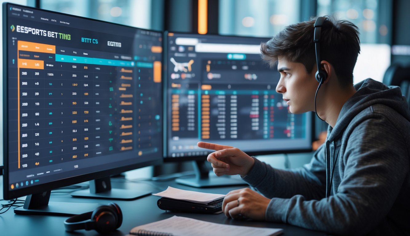 Seorang pemuda sedang menganalisis data esports CS2 di depan beberapa layar komputer di ruang kerja modern.