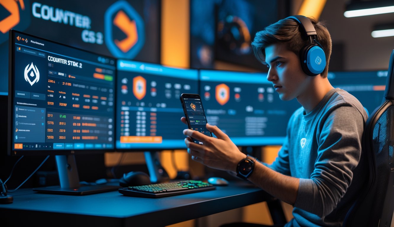 Seorang dewasa muda sedang menganalisis data taruhan esports CS2 di depan beberapa monitor komputer di ruang kerja modern.