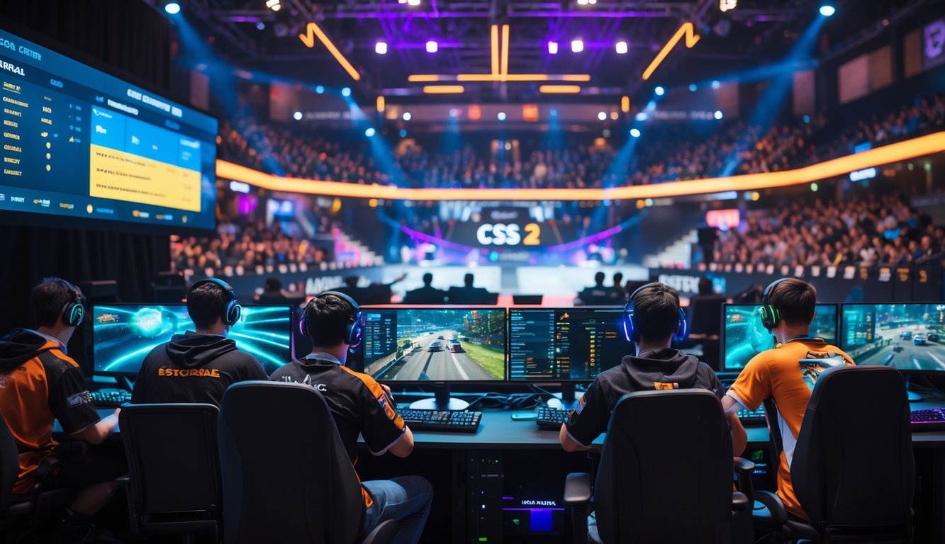 Sejumlah pemain esports fokus bermain CS2 di arena dengan layar besar menampilkan skor dan statistik pertandingan secara visual.