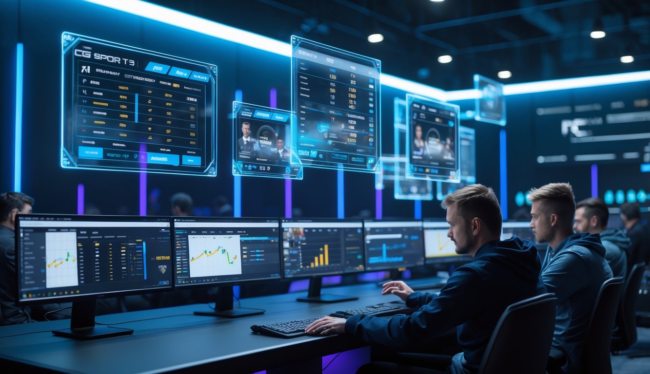 Orang-orang sedang melihat layar digital dengan skor pertandingan CS2, statistik pemain, dan peluang menang dalam suasana ruangan berteknologi tinggi.