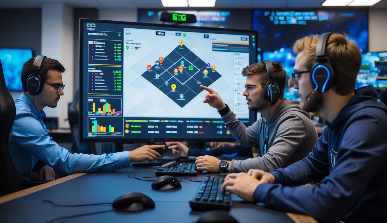 Sekelompok analis dan pemain esports sedang berdiskusi di sekitar meja digital yang menampilkan data performa tim dan peta permainan CS2.