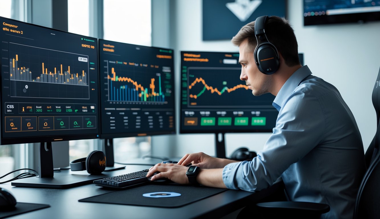 Seorang pria duduk di depan beberapa monitor yang menampilkan statistik performa tim dan pilihan peta untuk taruhan CS2.