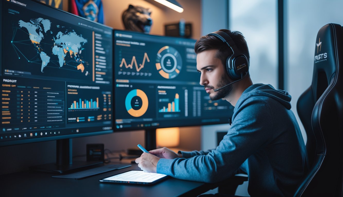 Seorang analis esports sedang bekerja di depan beberapa monitor dengan data dan grafik taruhan untuk turnamen CS2 Major 2026.