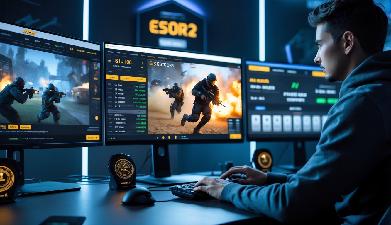 Seorang profesional menggunakan komputer dengan beberapa layar menampilkan pertandingan esports CS2 dan informasi taruhan secara langsung.