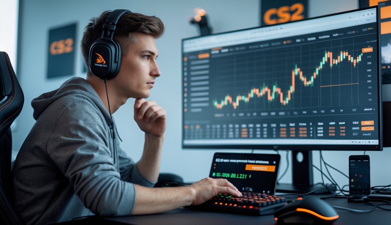 Seorang pria muda sedang menganalisis data pertandingan esports CS2 di depan komputer dengan grafik dan statistik taruhan.