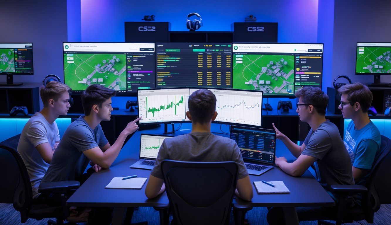Sekelompok analis esports sedang berdiskusi dan melihat layar komputer yang menampilkan data dan peta permainan CS2 dalam ruangan kantor modern.