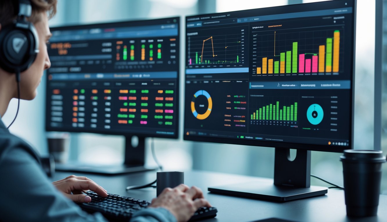 Seseorang sedang menganalisis statistik CS2 di meja kerja dengan beberapa monitor yang menampilkan grafik dan data taruhan esports.