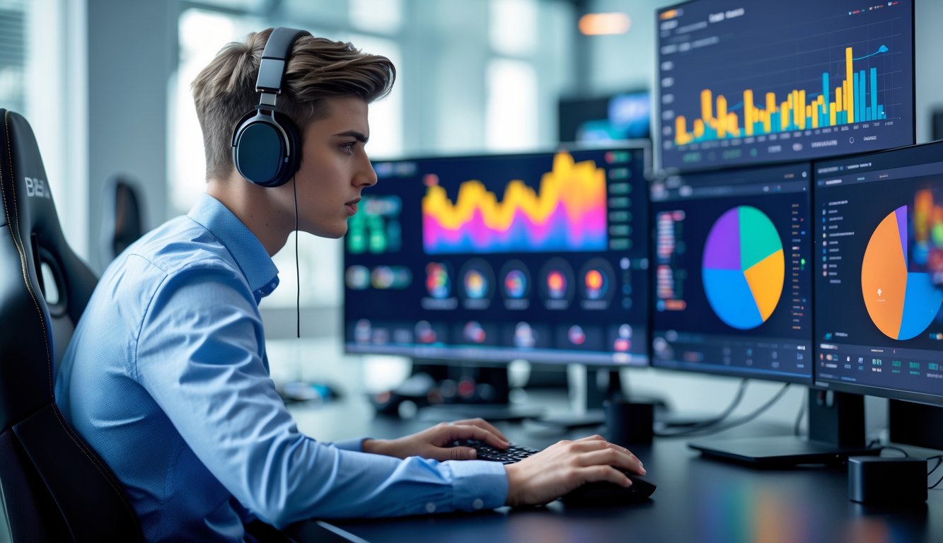 Seorang profesional muda sedang menganalisis statistik esports di depan beberapa monitor dengan grafik dan data pertandingan.