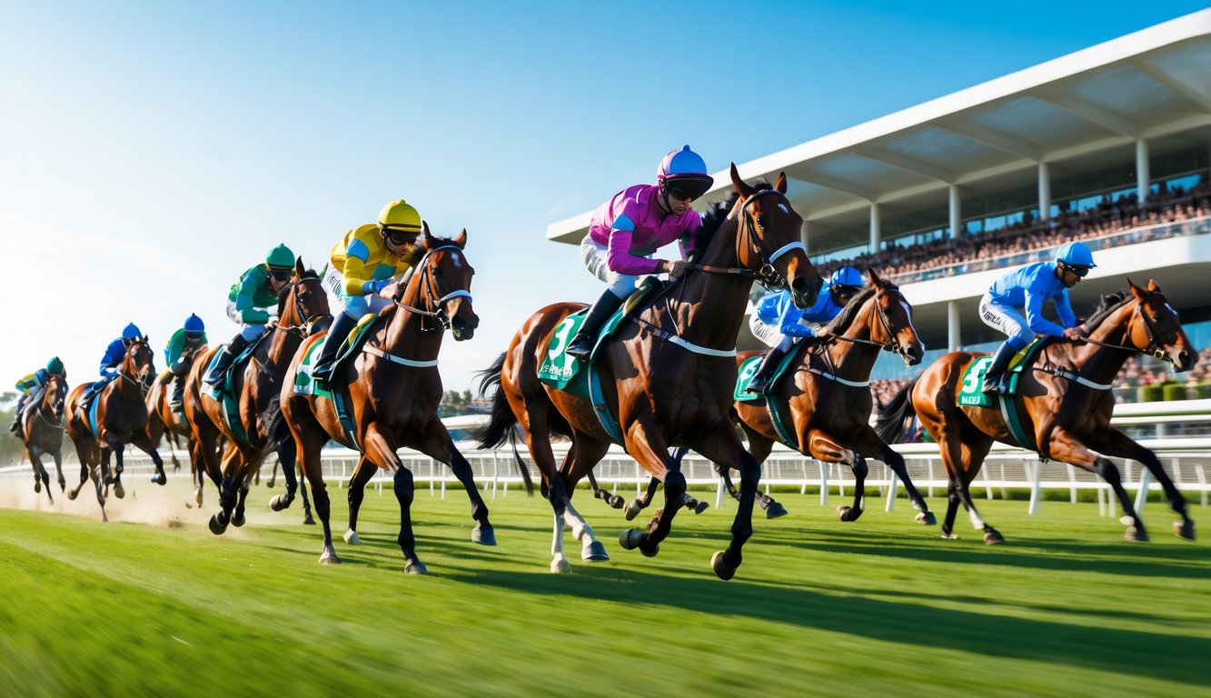 Adegan balap kuda dengan beberapa kuda dan joki yang sedang berlari di lintasan hijau dengan penonton di tribun.