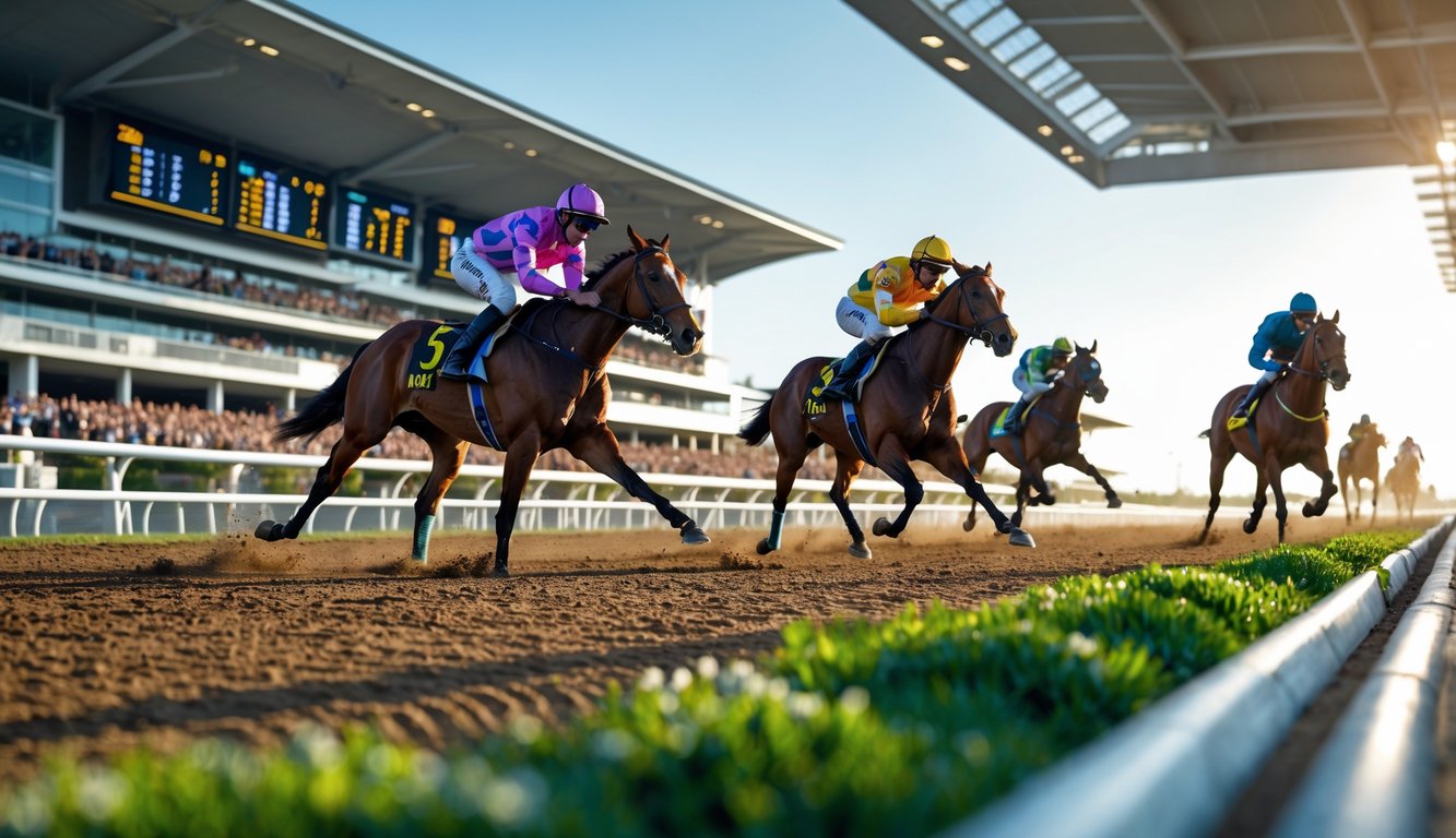 Beberapa kuda pacu dengan joki berwarna-warni berlari di lintasan balap dengan tribun penonton dan layar digital di latar belakang.