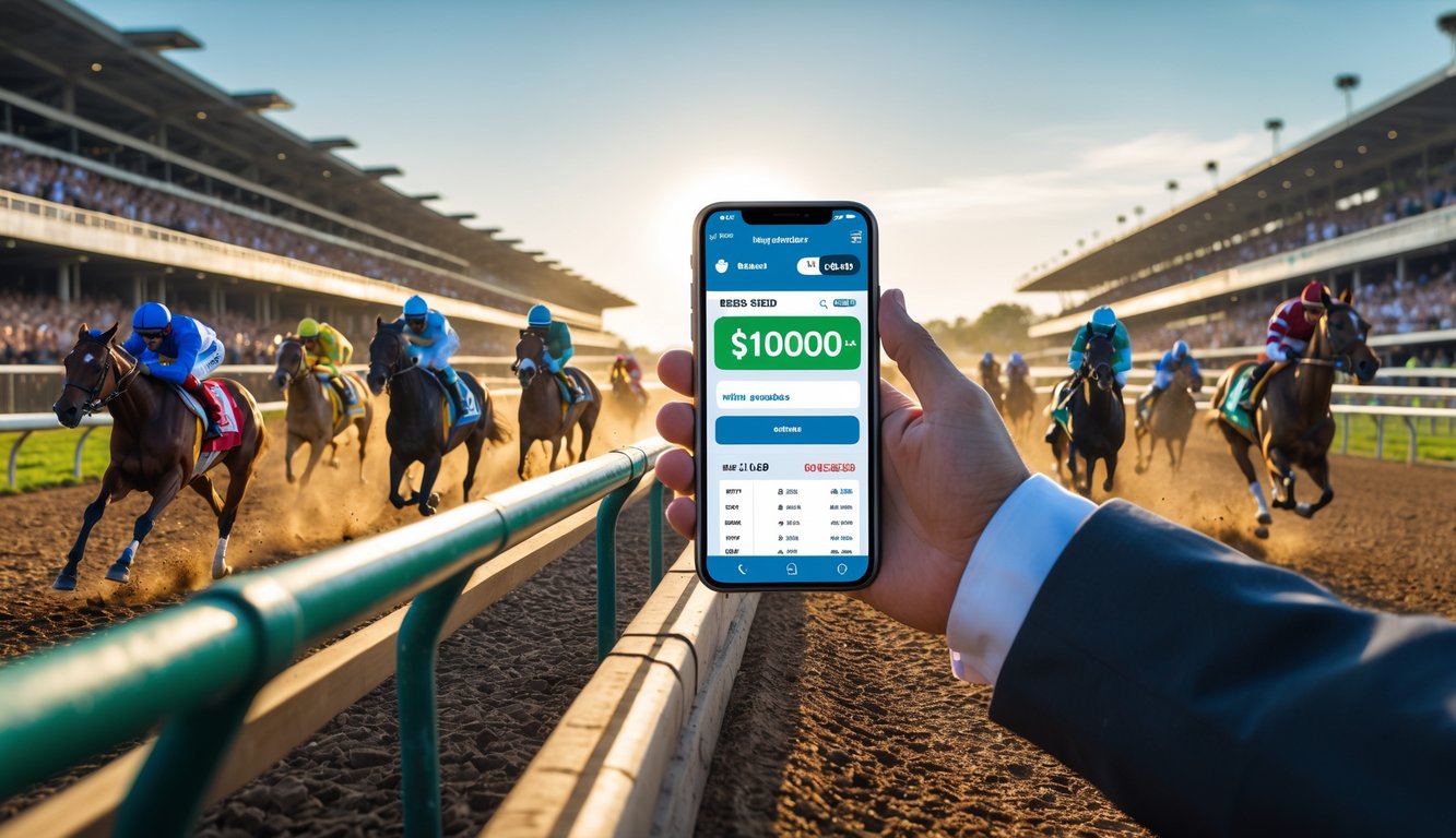 Seorang pria memegang ponsel dengan latar belakang balap kuda yang sedang berlangsung di arena pacuan kuda yang ramai.