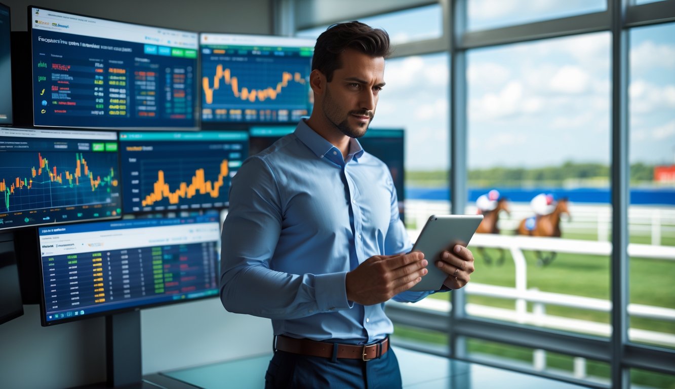 Seorang profesional sedang menganalisis data balap kuda di kantor dengan layar digital dan latar belakang lintasan balap kuda.