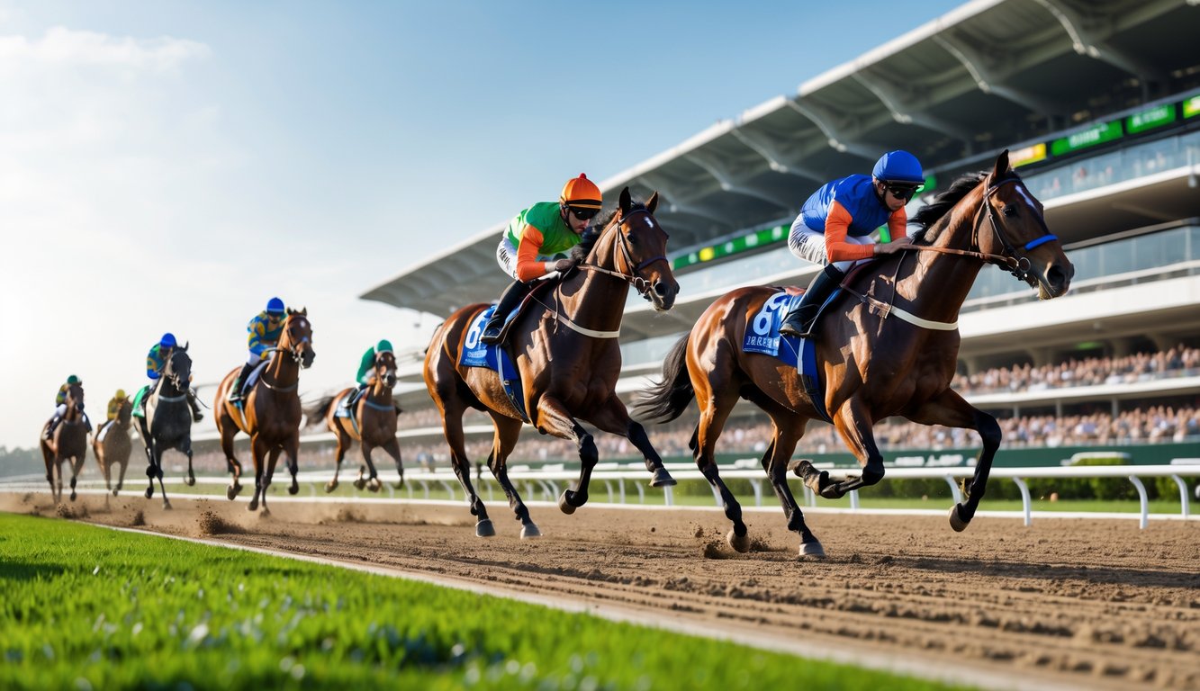 Beberapa kuda pacu dengan joki sedang berlari cepat di lintasan balap dengan penonton di tribun.