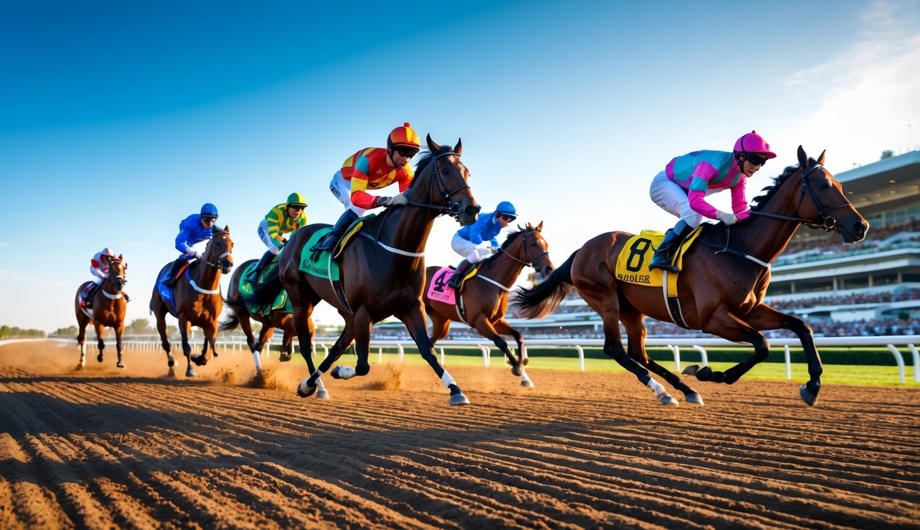 Beberapa kuda pacuan dengan joki sedang berlari cepat di lintasan balap kuda dengan penonton di latar belakang.