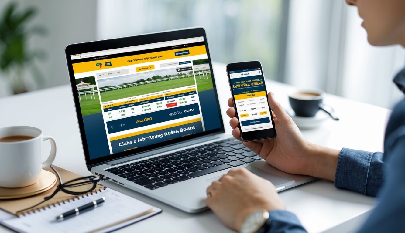 Seseorang menggunakan laptop dan ponsel di meja kerja dengan tampilan aplikasi taruhan balap kuda online.