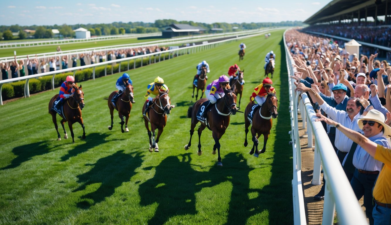 Adegan balap kuda dengan beberapa kuda dan joki berlari di lintasan, penonton bersorak di tribun, dan seorang petaruh memegang tiket taruhan dengan senyum.