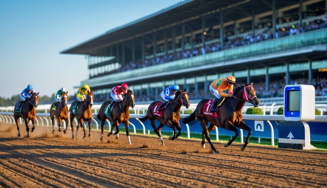Seorang joki sedang mengendarai kuda balap di lintasan dengan penonton di tribun dan seseorang menggunakan ponsel untuk memasang taruhan.