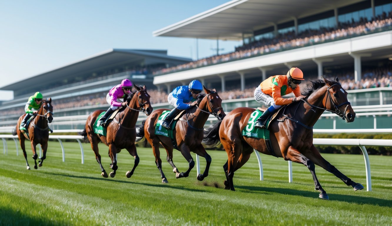 Beberapa kuda pacuan berlari cepat di lintasan dengan joki mengenakan pakaian warna-warni, penonton di tribun terlihat di belakang.