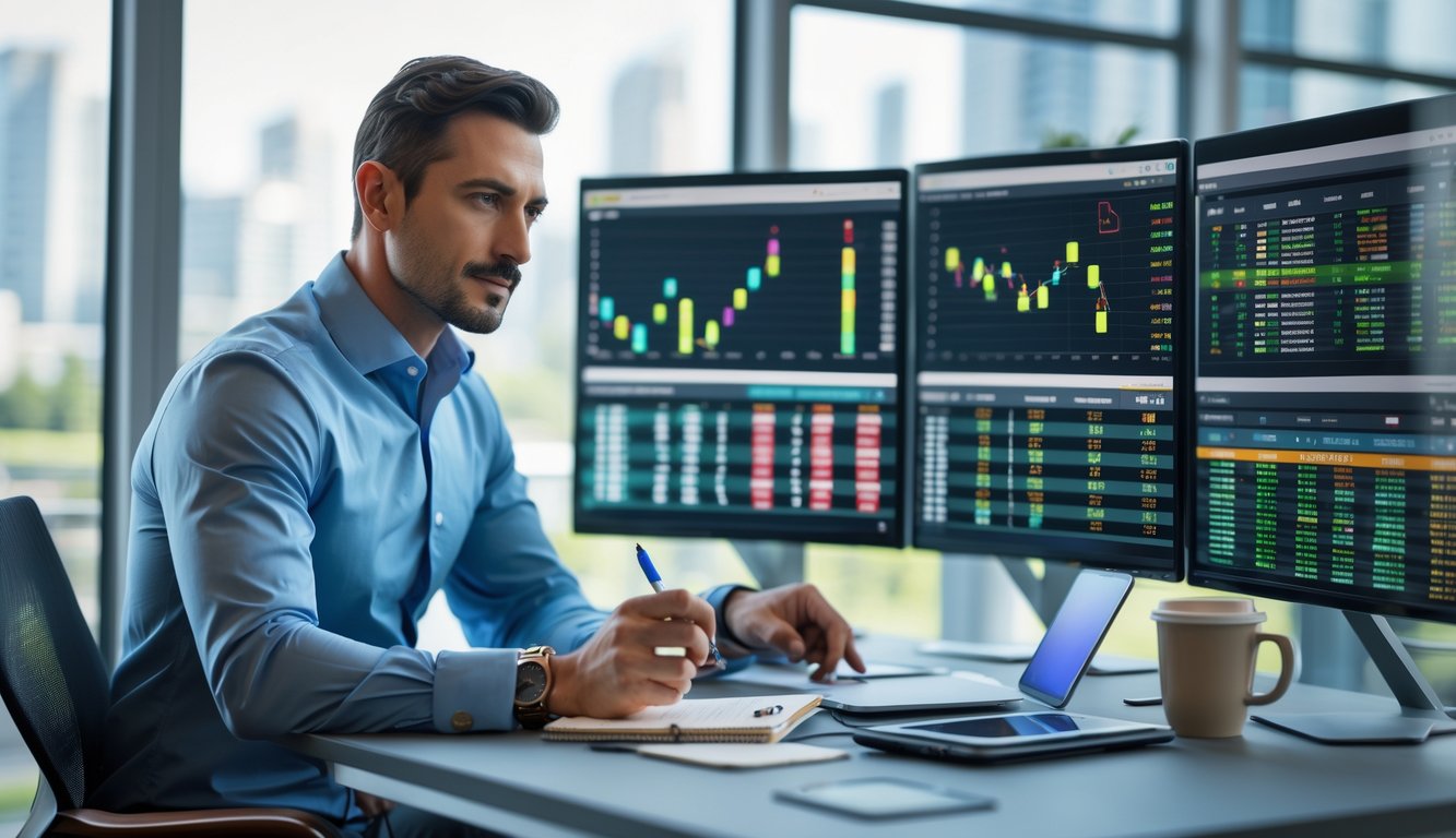 Seorang pria berpakaian rapi sedang menganalisis data balap kuda di depan beberapa layar komputer di kantor modern.